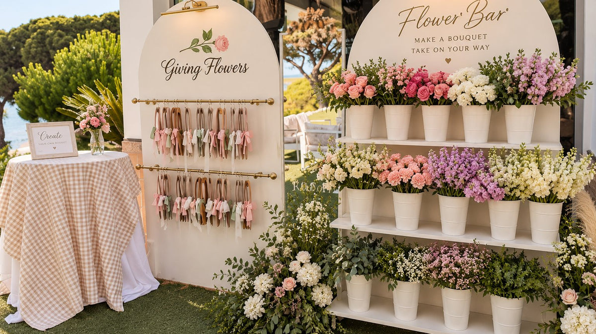 Giving Flowers DIY flower bar with white buckets of roses, carnations and stock on shelves, ribbons and a Make a bouquet sign