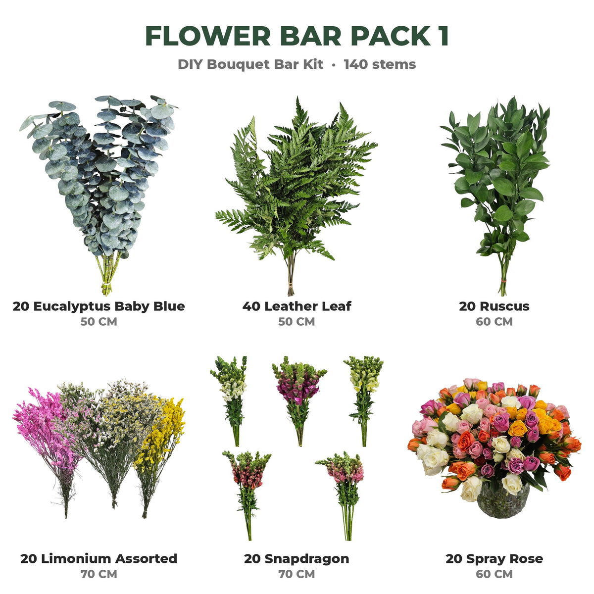 Flower Bar Pack 1 box contents: 20 eucalyptus baby blue, 40 leather leaf, 20 ruscus, 20 limonium, 20 snapdragon, 20 spray roses