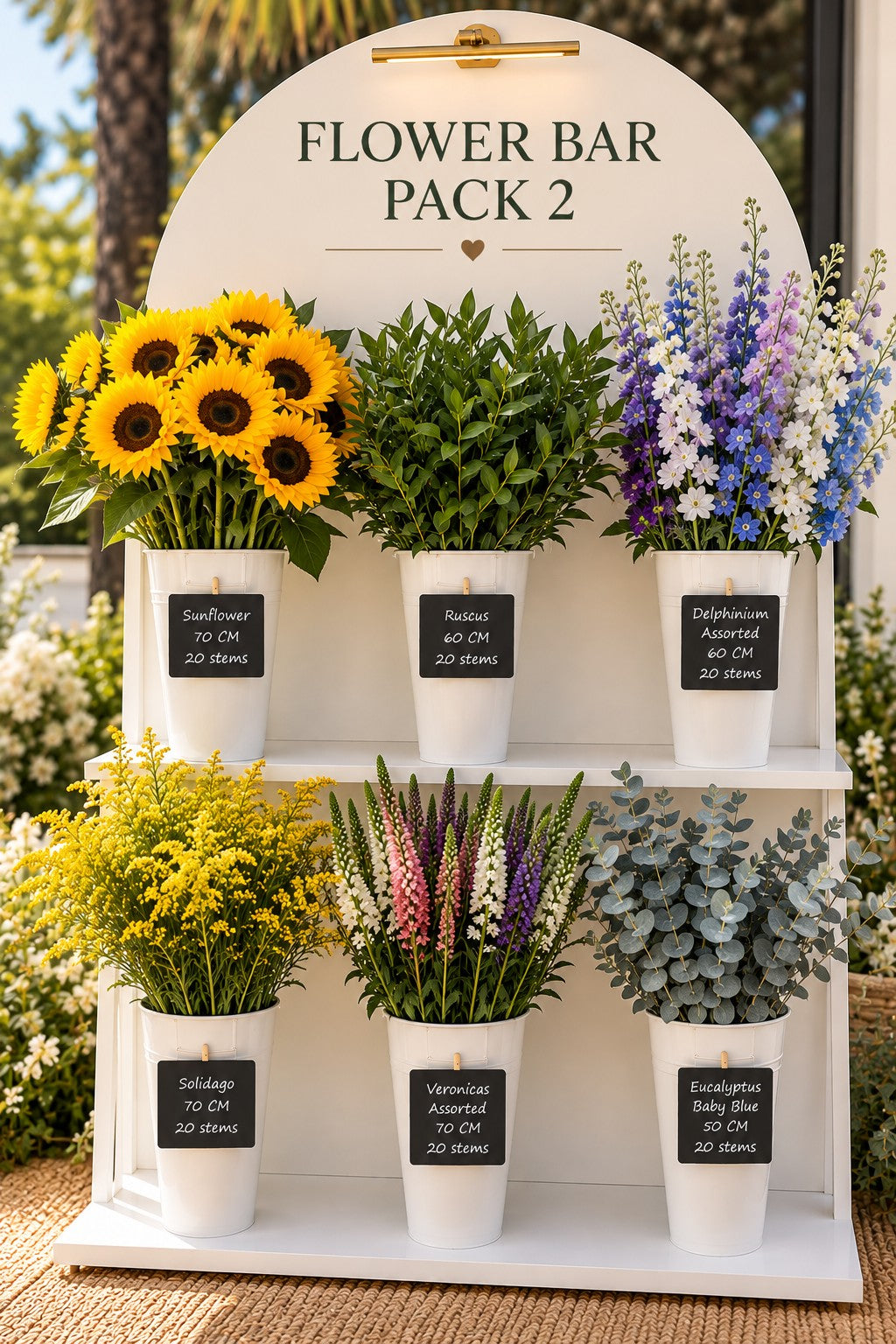 Flower Bar Pack 2 DIY flower bar display with sunflowers, ruscus, delphinium, solidago, veronica and eucalyptus in white buckets