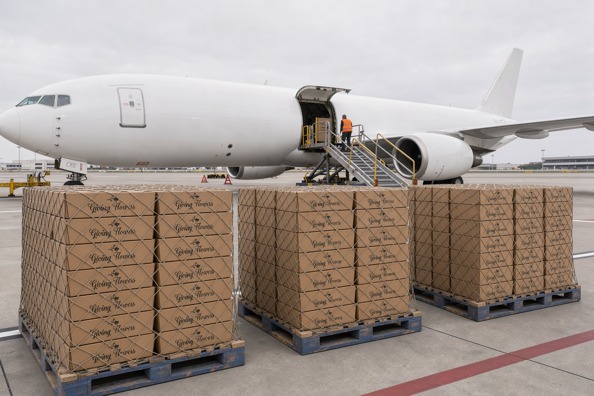 Cargo plane being loaded with pallets of Giving Flowers boxes