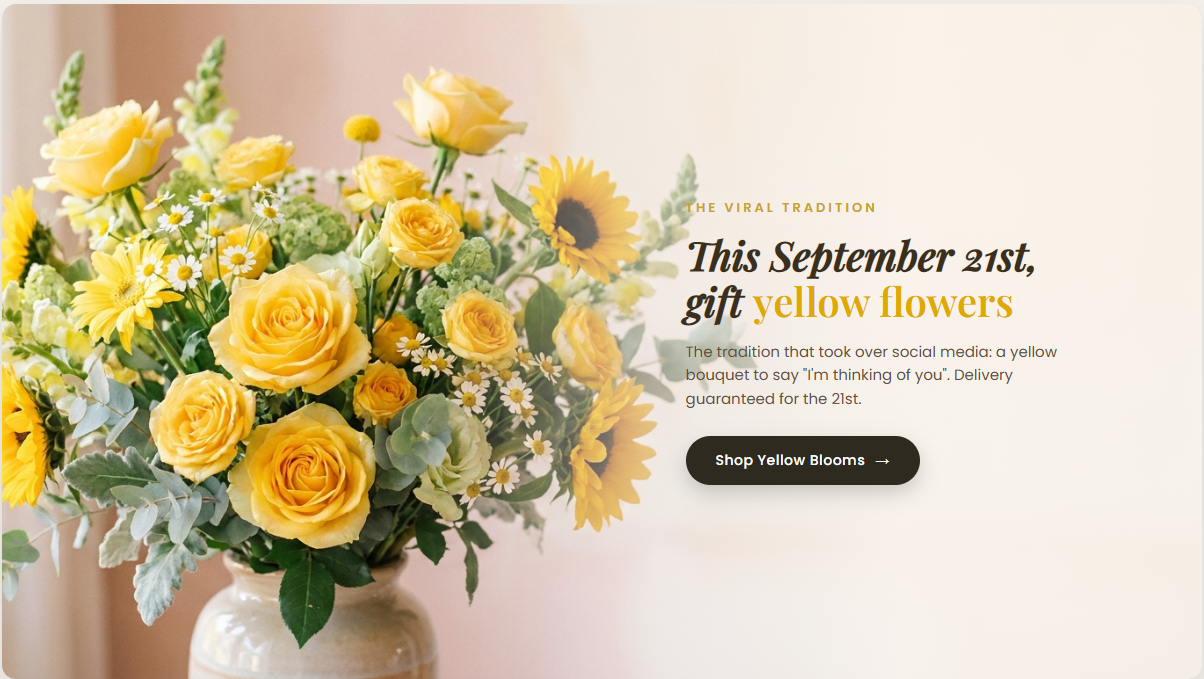 September 21 Yellow Flowers promotion banner with headline and Shop Yellow Blooms button
